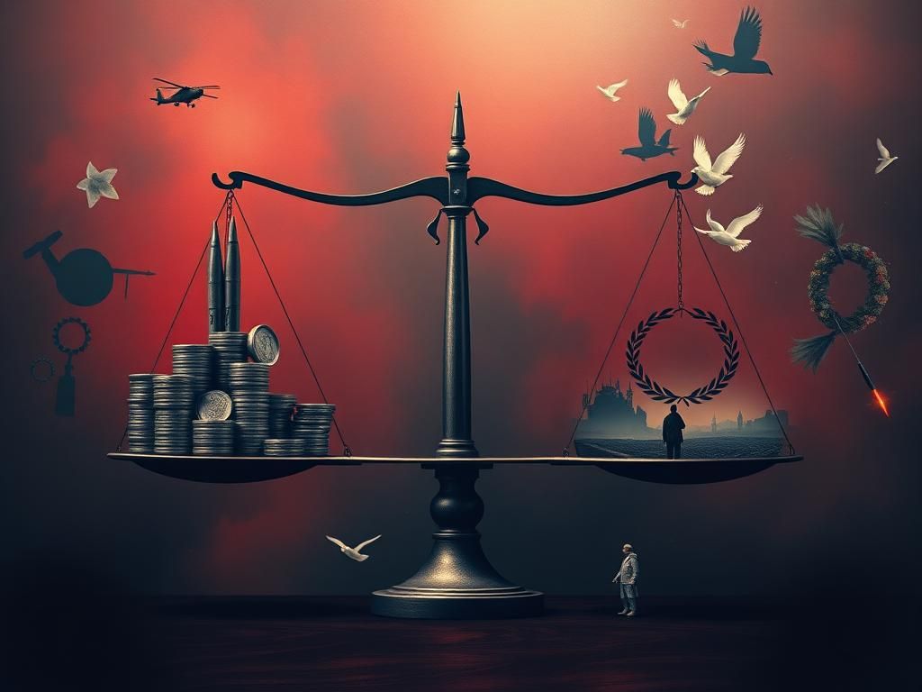 Flick International Dramatic representation of political decision-making with a balancing scale showcasing military funding versus humanitarian values.