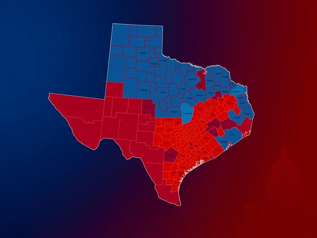 Flick International Map of Texas highlighting congressional districts with bold lines and vibrant colors representing party leanings