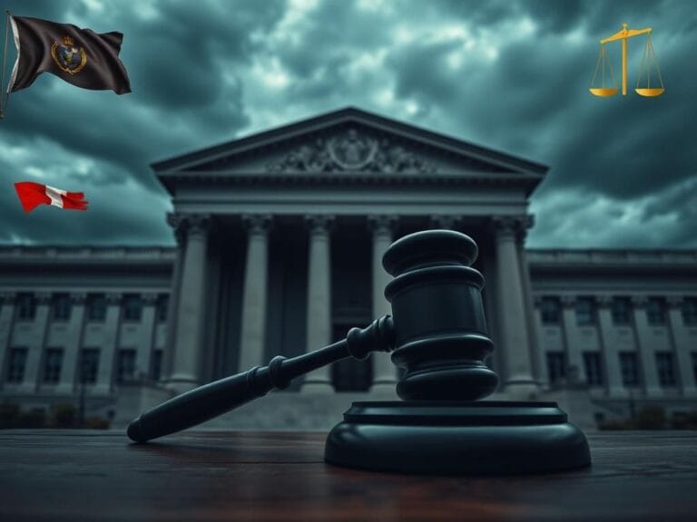 Flick International A dramatic courthouse exterior under a stormy sky symbolizing tension in the judicial system