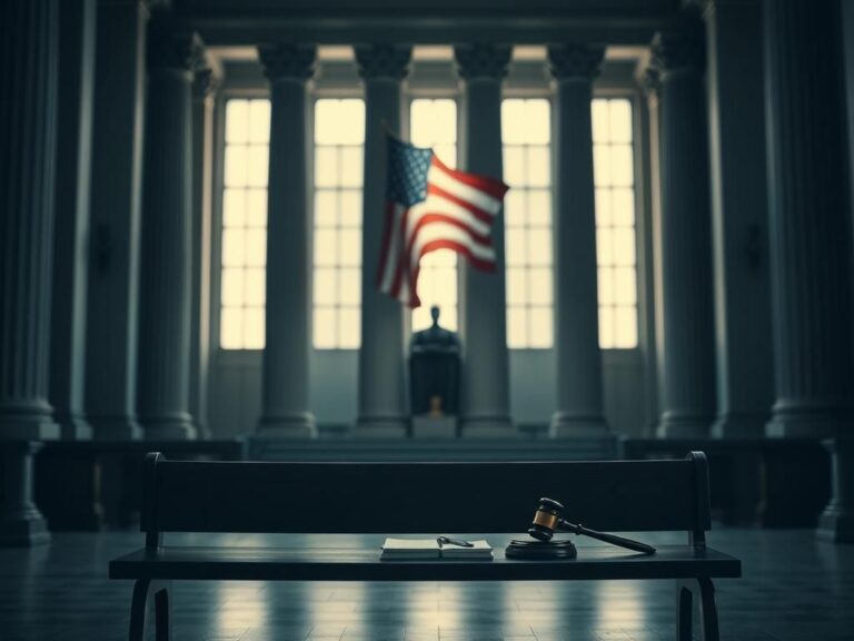 Flick International A somber interior view of a U.S. courthouse with an empty bench and legal documents symbolizing ongoing legal proceedings.