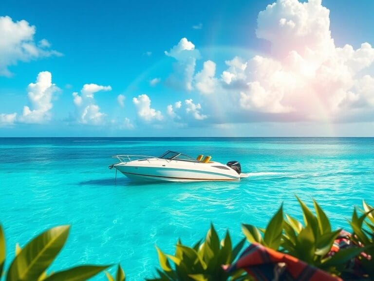 Flick International Elegant speedboat on turquoise waters with leopard print accents