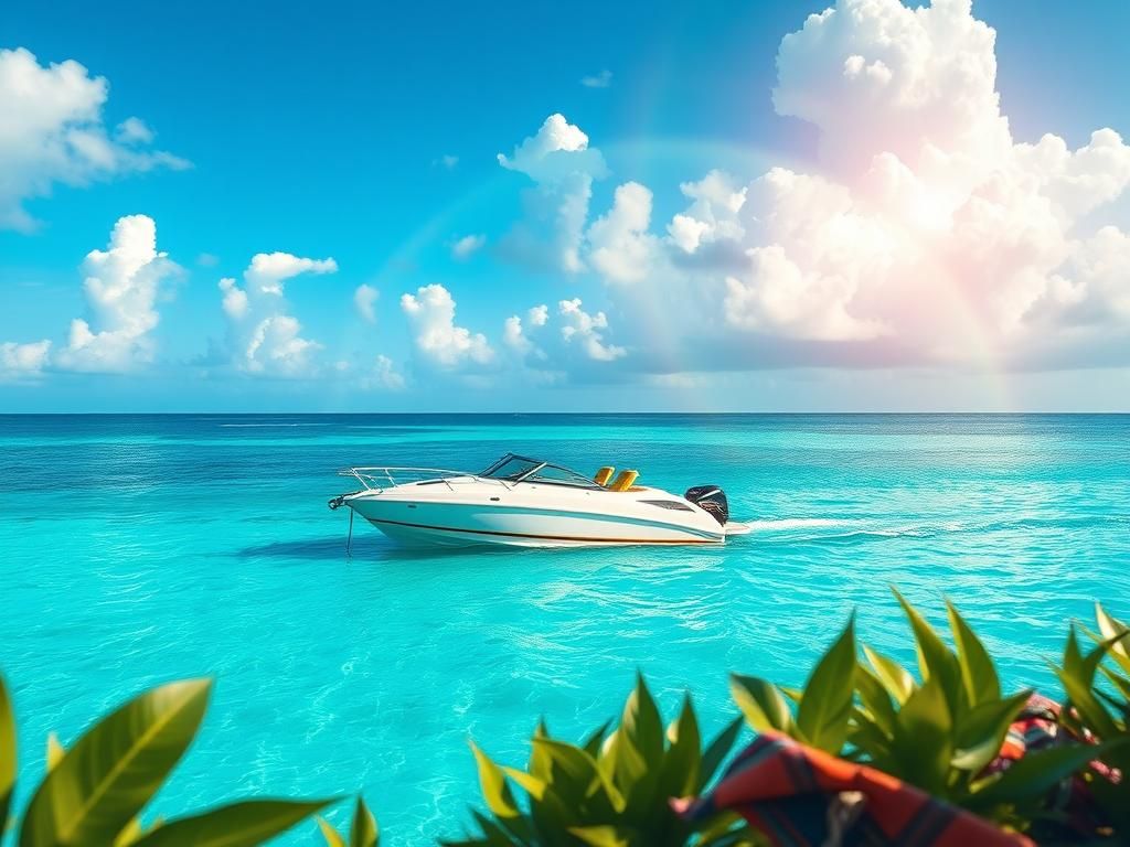 Flick International Elegant speedboat on turquoise waters with leopard print accents