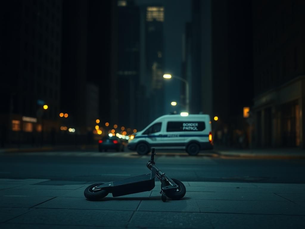 Flick International Nighttime urban landscape in New York City with Border Patrol vehicle and abandoned scooter