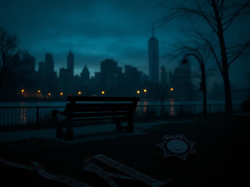 Flick International Dark urban scene at twilight with deserted Riverside Park in New York City and discarded police badge
