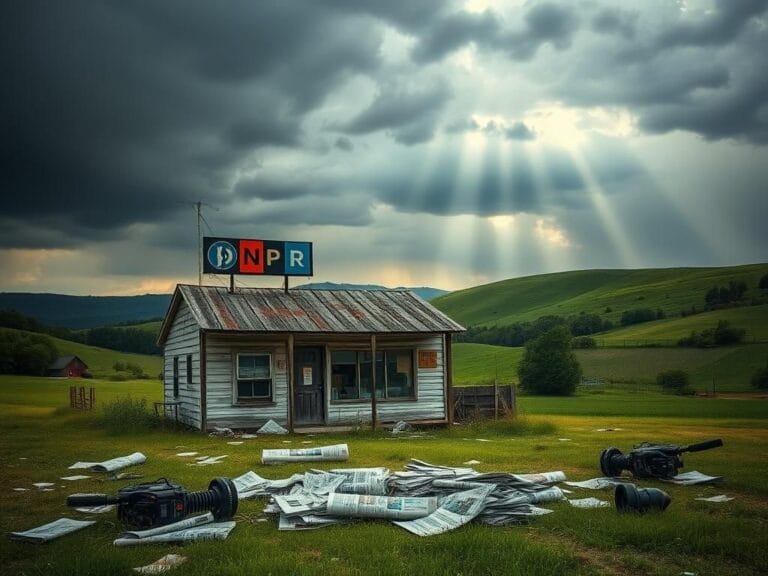 Flick International A somber image of a dilapidated radio station surrounded by green hills, representing the struggles of local journalism.