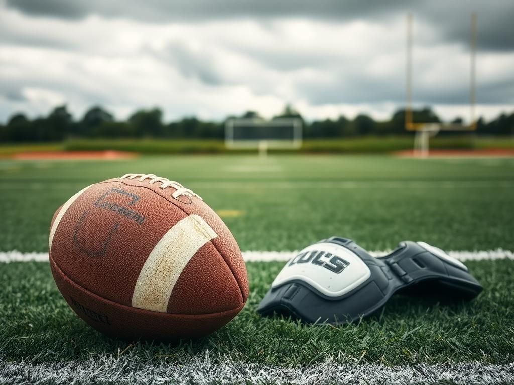 Flick International Close-up of a worn football on turf with abandoned shoulder pads in the background