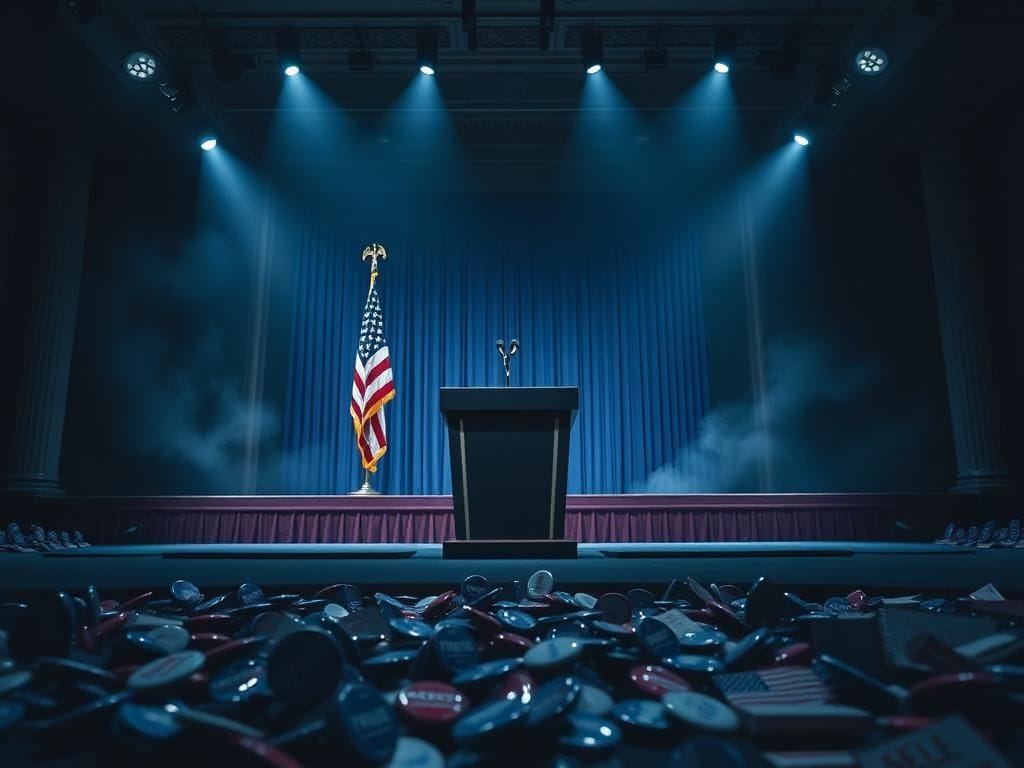 Flick International Empty presidential podium adorned with an American flag on a dimly lit stage