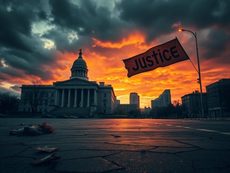 Flick International Stark urban landscape depicting tension between law and chaos with storm clouds overhead.