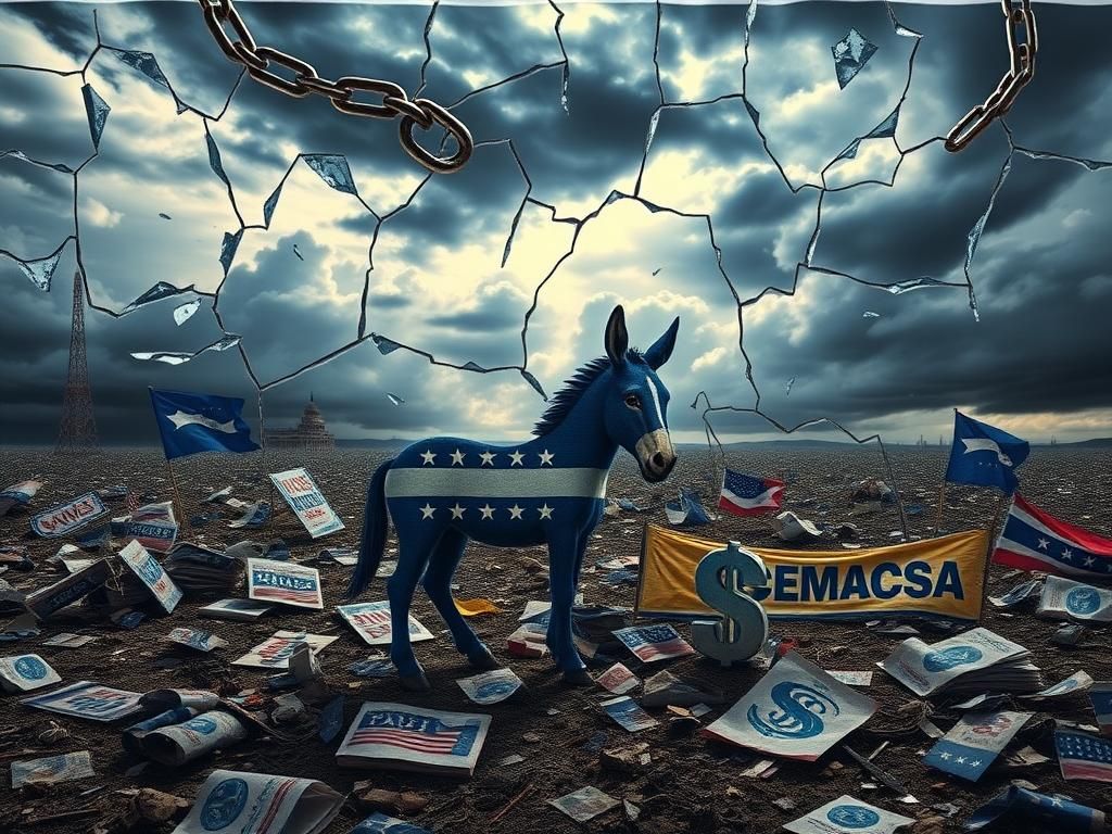 Flick International A chaotic representation of the divided Democratic Party featuring broken chains and shattered glass.