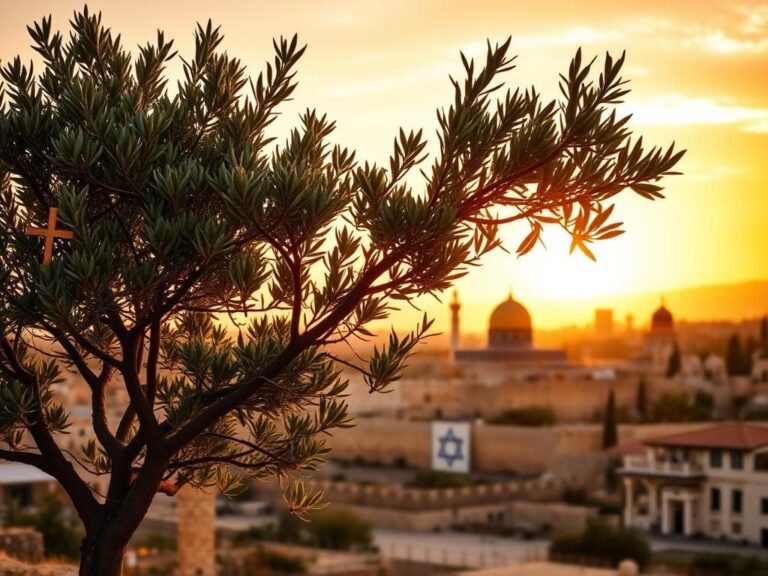 Flick International Panoramic view of Jerusalem at sunset with iconic landmarks and an olive tree symbolizing peace