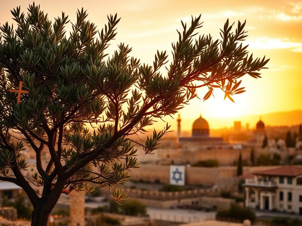 Flick International Panoramic view of Jerusalem at sunset with iconic landmarks and an olive tree symbolizing peace