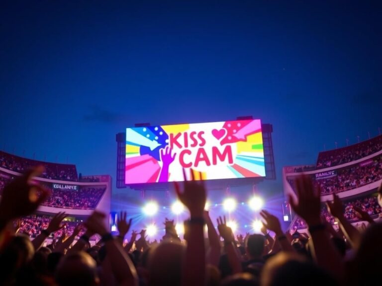 Flick International Concert scene at Camp Randall Stadium with raised hands and colorful jumbotron display