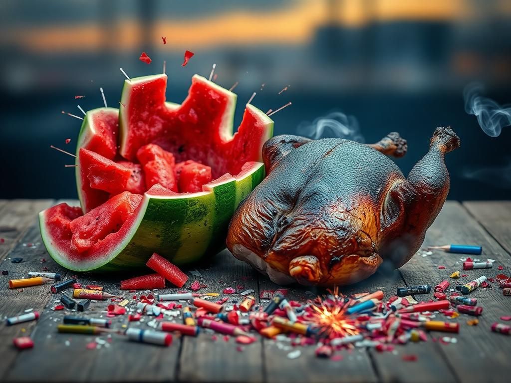 Flick International Explosively split watermelon and charred raw chicken highlighting fireworks dangers