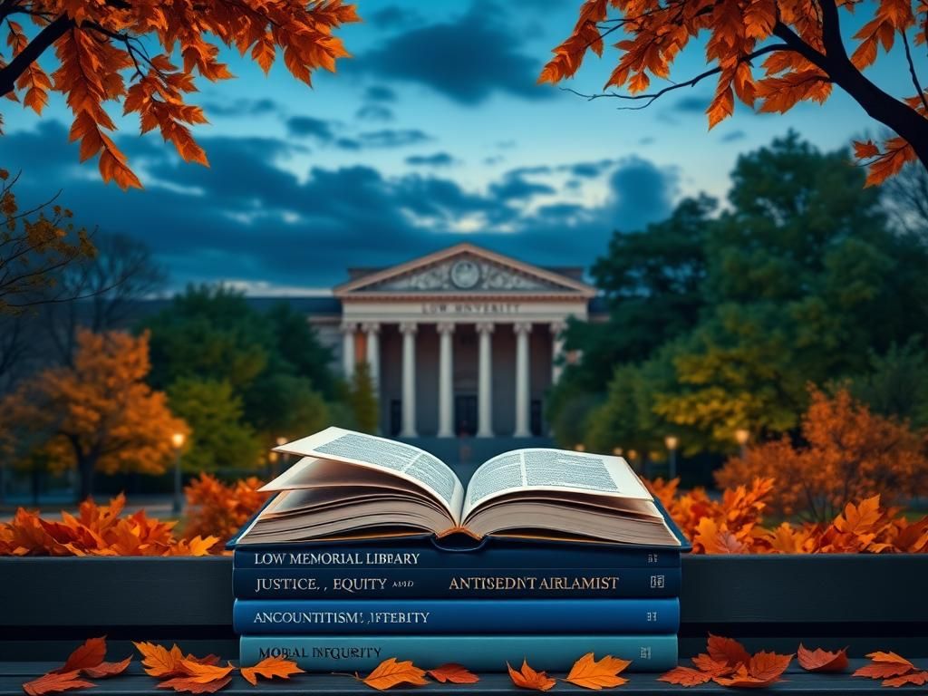 Flick International Dusk scene of Columbia University campus with Low Memorial Library and autumn leaves