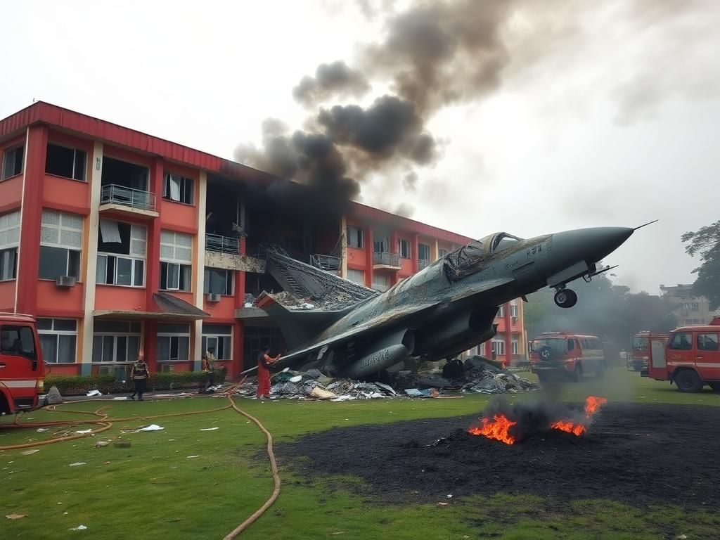 Flick International wreckage of Bangladesh air force training jet crash site in school campus