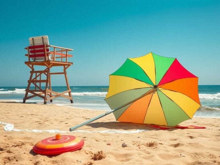 Flick International Beach scene at Asbury Park with lifeguard stand and colorful beach umbrella
