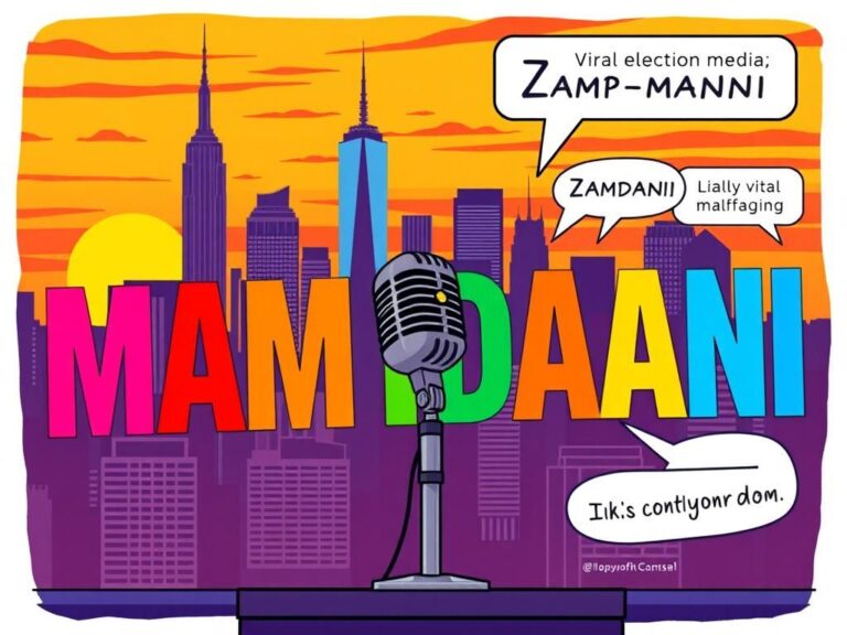 Flick International Dynamic illustration of a vibrant New York City skyline with a vintage microphone signaling a political campaign moment
