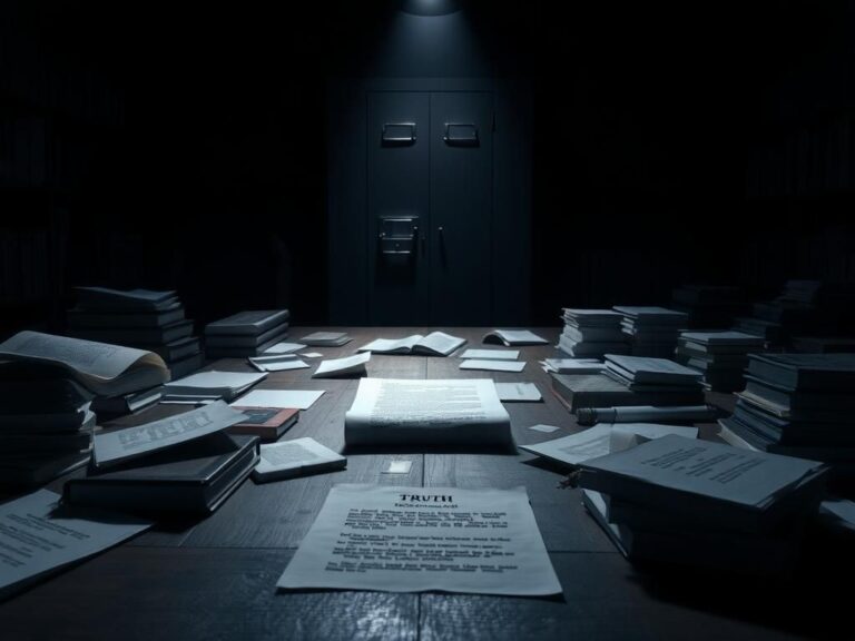 Flick International Dimly lit room with legal books and shadowy outlines representing legal secrecy