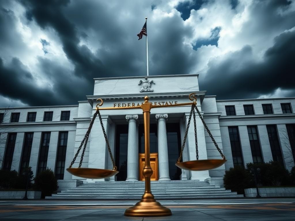 Flick International Close-up view of the Federal Reserve's Eccles Building with stormy clouds above