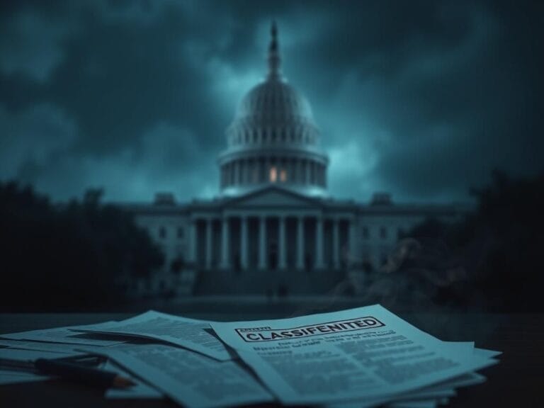 Flick International A dark, somber silhouette of the U.S. Capitol shrouded in mist with unclassified documents in the foreground.