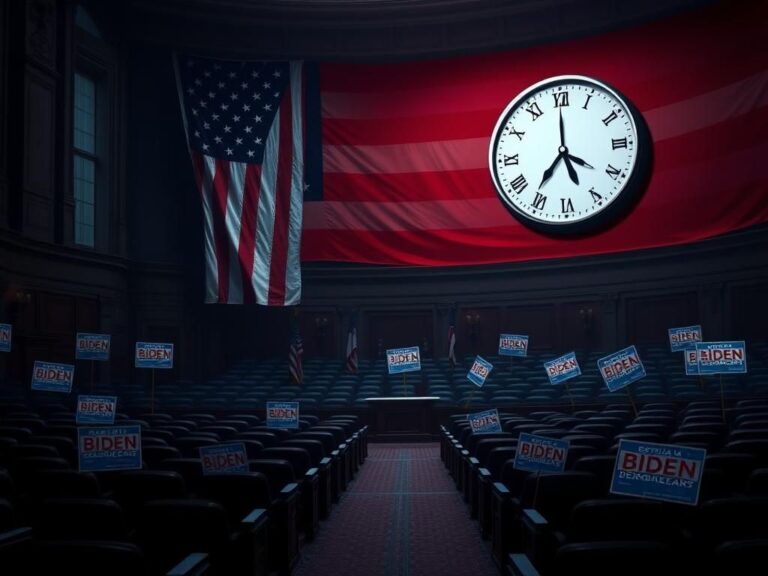 Flick International A dimly lit, empty congressional chamber symbolizing the Democratic Party's struggle one year after Biden's exit from the 2024 race