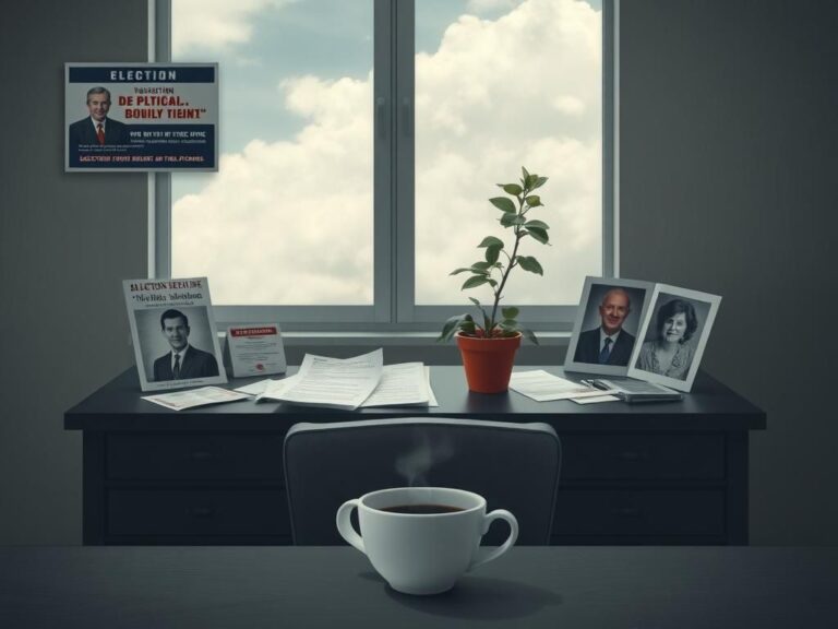 Flick International A poignant desk scene depicting political ambitions with an empty chair and cluttered documents.