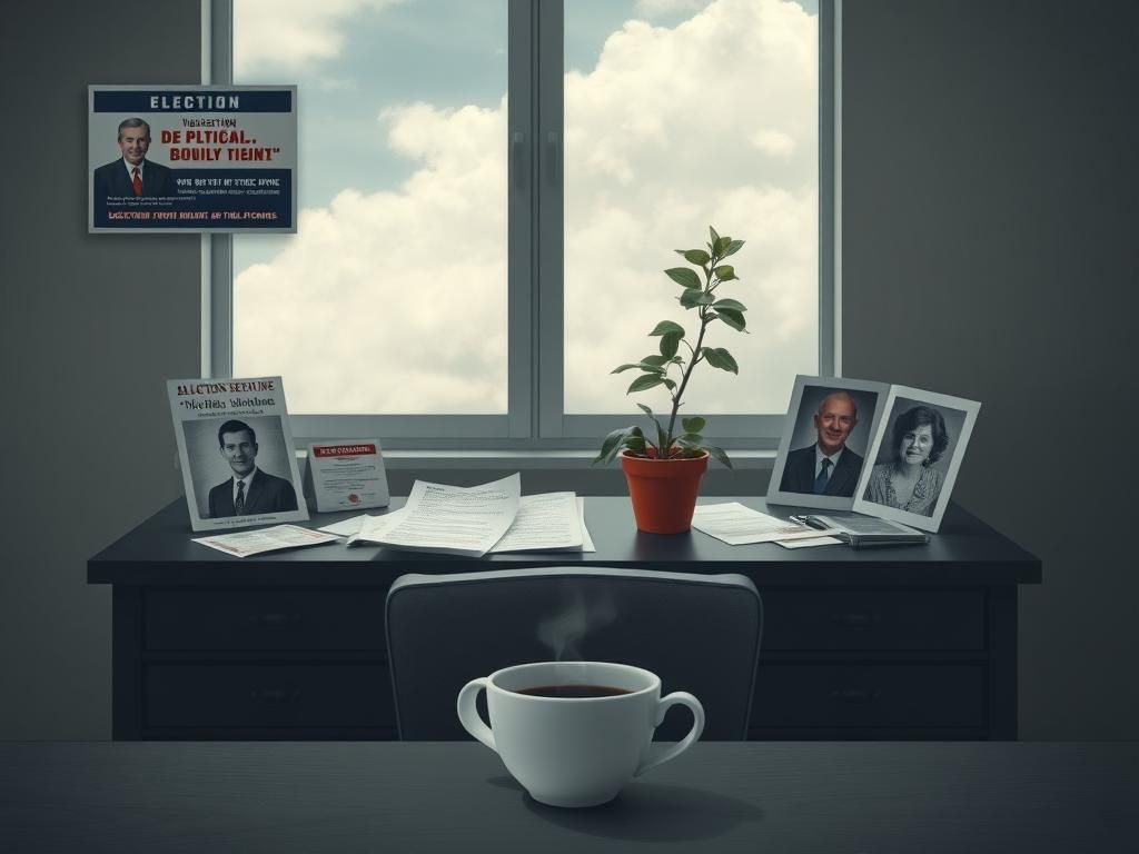 Flick International A poignant desk scene depicting political ambitions with an empty chair and cluttered documents.