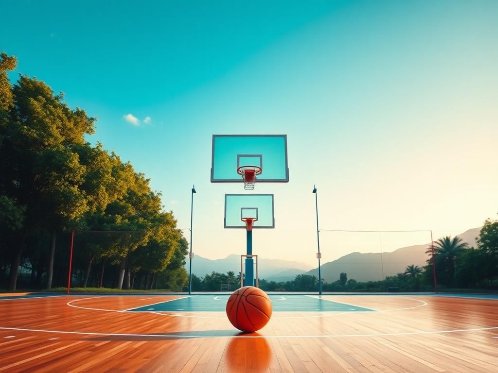Flick International A dynamic basketball court scene featuring an empty hoop and a glowing basketball symbolizing potential and dreams.