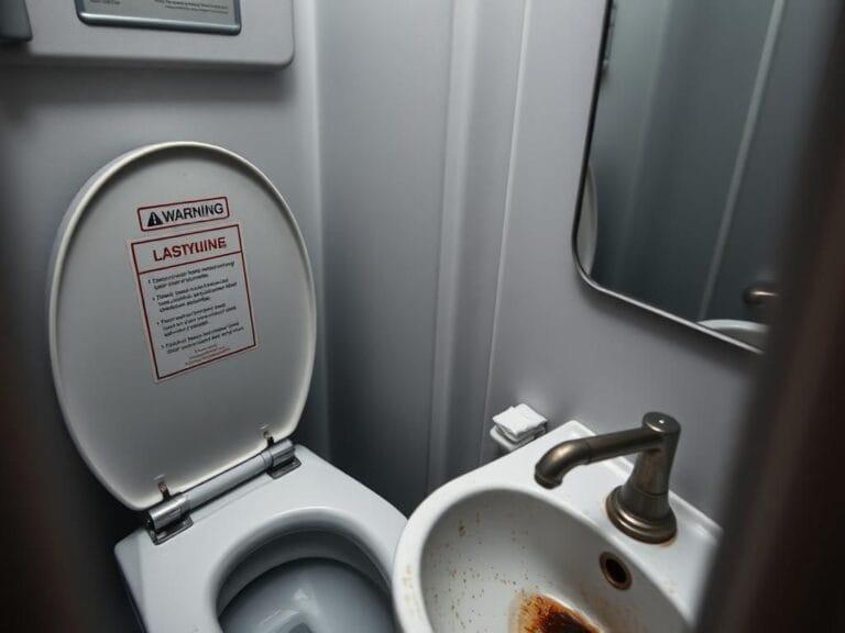 Flick International Interior view of an airplane bathroom showing a closed toilet lid and a rusty sink
