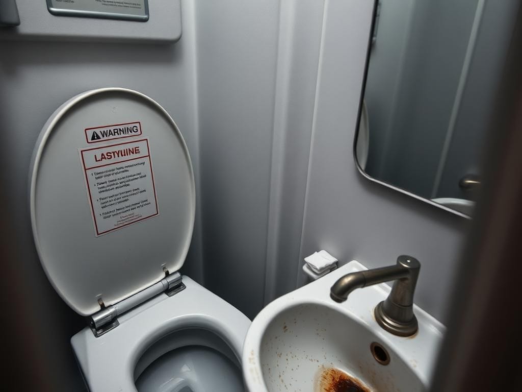Flick International Interior view of an airplane bathroom showing a closed toilet lid and a rusty sink