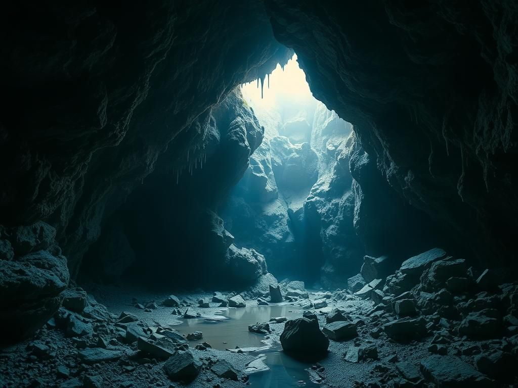Flick International Dramatic underground scene in the Abisso Paperino cave, Italy, with rugged rock formations and widened passages from rescue operation