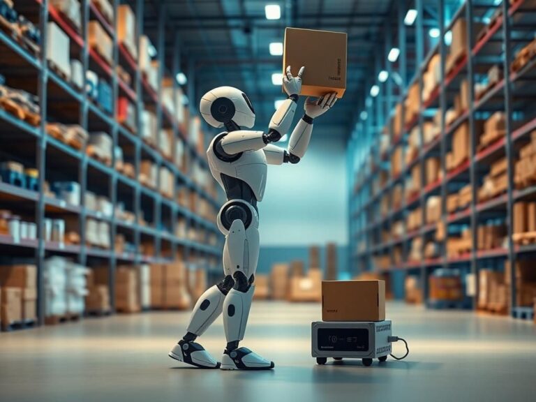 Flick International KR1 humanoid robot lifting a heavy box in a modern warehouse