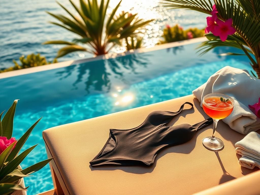 Flick International Emily Ratajkowski showcasing her summer body in a stylish black swimsuit by the poolside