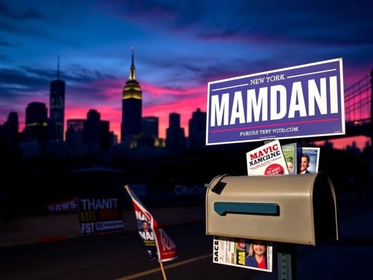 Flick International Vivid skyline of New York City at dusk with Mamdani campaign sign