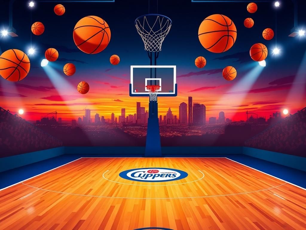 Flick International Dynamic basketball court scene with Los Angeles skyline at sunset
