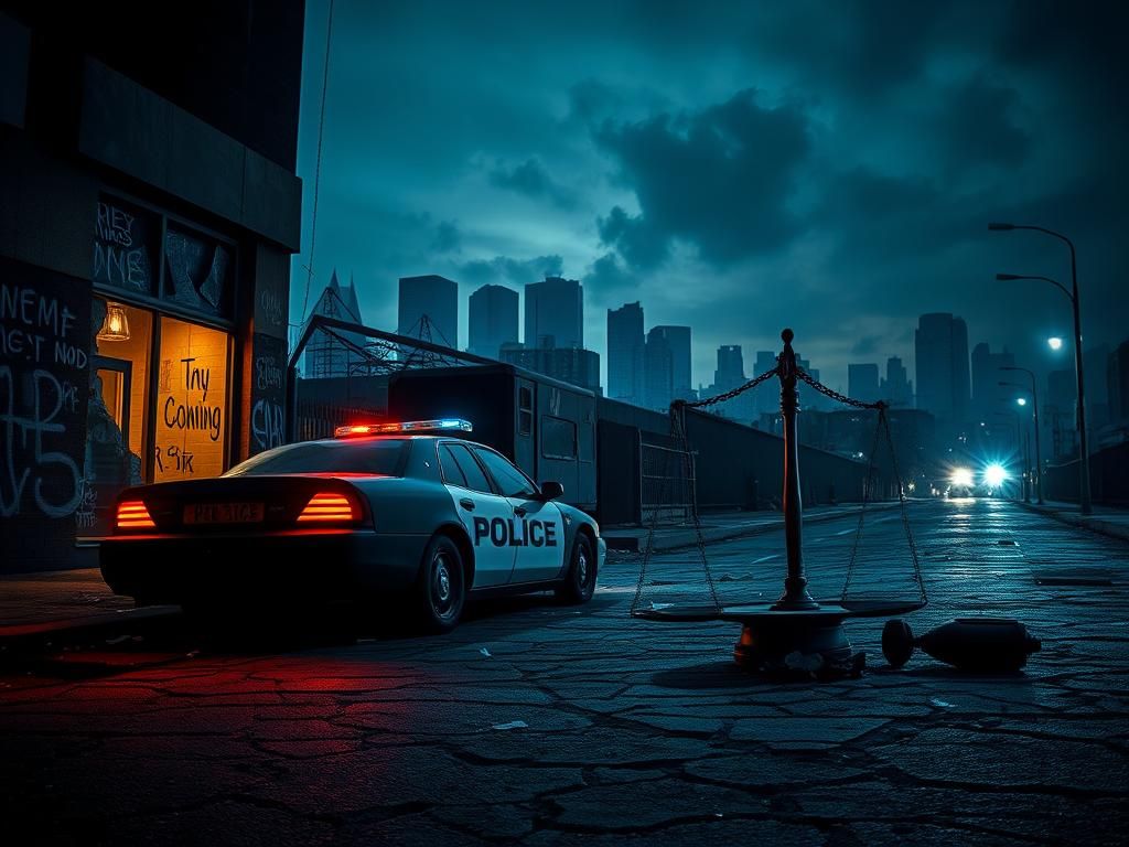 Flick International A damaged police car in a crime-ridden urban setting symbolizing lawlessness