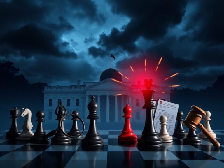 Flick International Abstract representation of a political landscape with a stylized chessboard symbolizing strategy related to the Russiagate investigation.