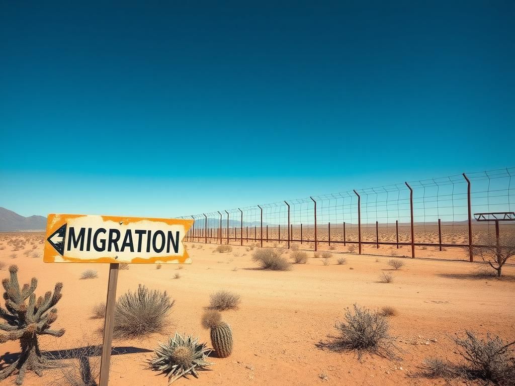 Flick International A barbed-wire fence along the southern U.S. border under a clear blue sky, symbolizing border control and migration issues.