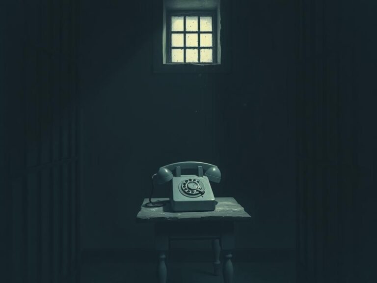 Flick International Dimly lit prison cell with an old telephone on a chipped table