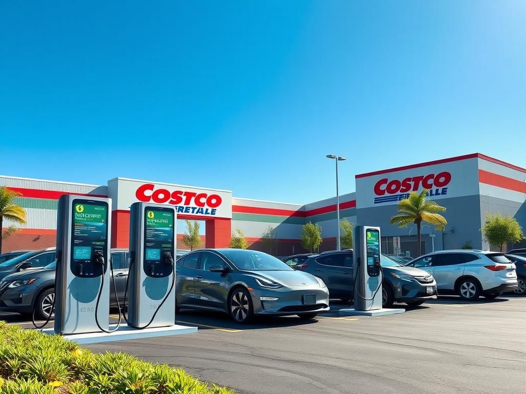 Flick International A modern Costco parking lot featuring sleek ultra-fast EV charging stations under a clear blue sky