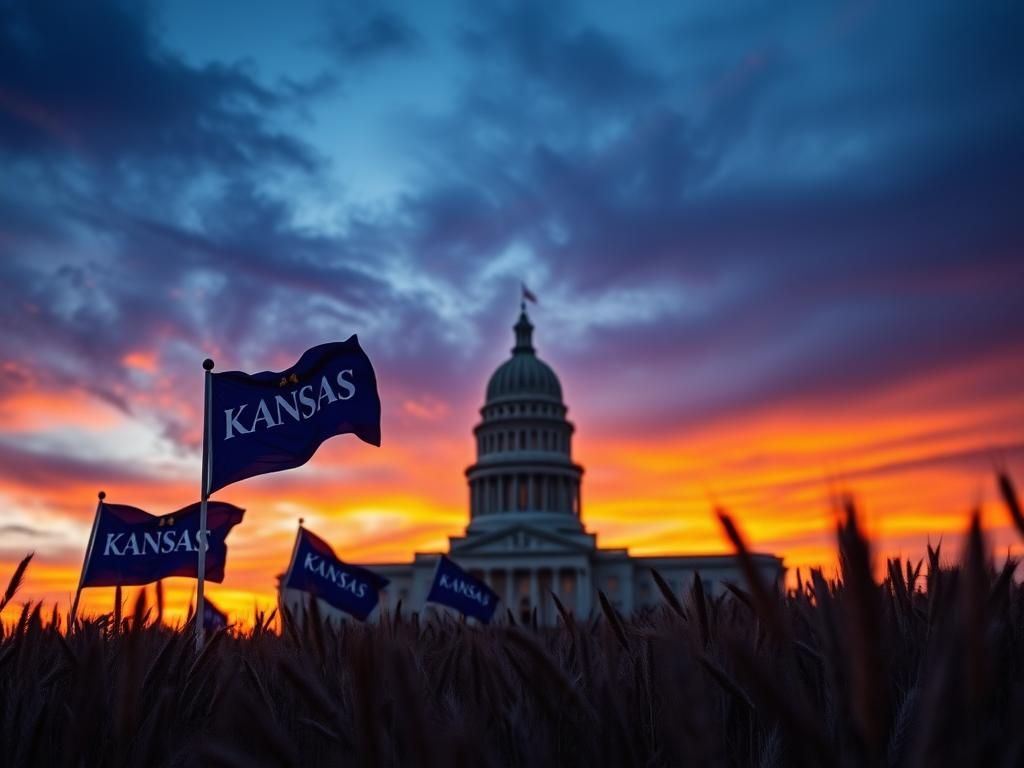 Flick International Sunset view of the Kansas state capitol with waving flags and wheat fields