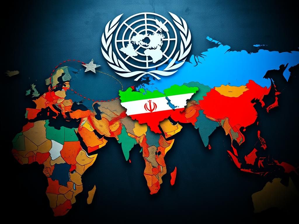 Flick International Abstract overhead view of a multi-colored world map highlighting Iran, China, and Russia with arrows representing diplomacy