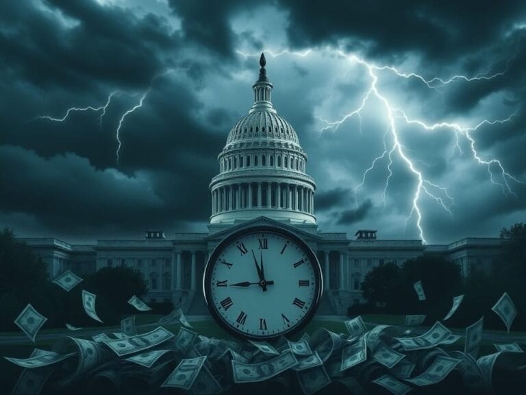 Flick International Dramatic depiction of the U.S. Capitol building under a stormy sky symbolizing government shutdown tension