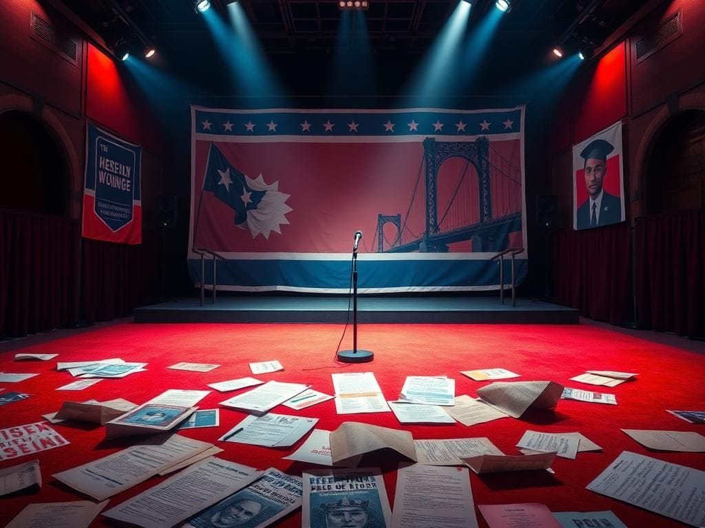 Flick International Empty town hall stage with a microphone symbolizing political tension