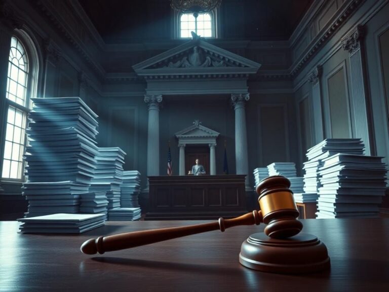 Flick International Dramatic courtroom scene with a gavel and stacks of legal documents symbolizing judicial conflicts