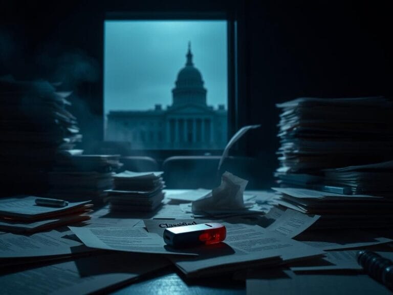 Flick International Dark office setting with classified documents and a glowing thumb drive representing FBI investigation