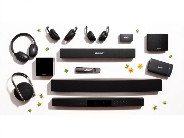 Flick International Stylish flat lay of Bose refurbished audio products including headphones, speakers, and soundbar on a light background