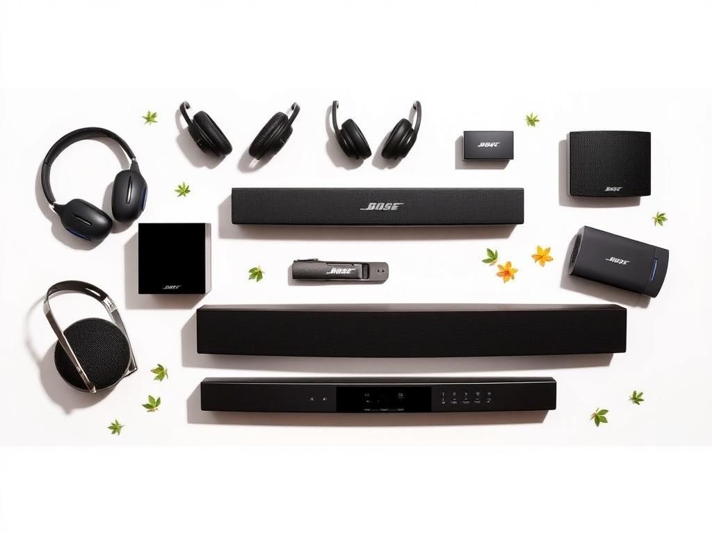 Flick International Stylish flat lay of Bose refurbished audio products including headphones, speakers, and soundbar on a light background