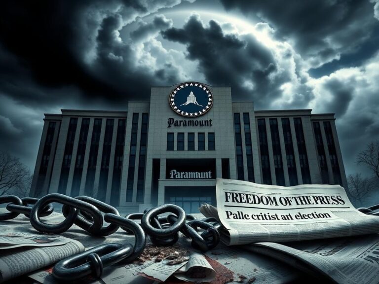 Flick International A large corporate building with the Paramount logo amidst dark storm clouds, symbolizing threats to media freedom.