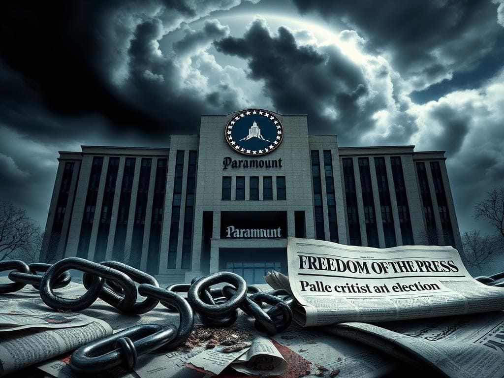Flick International A large corporate building with the Paramount logo amidst dark storm clouds, symbolizing threats to media freedom.
